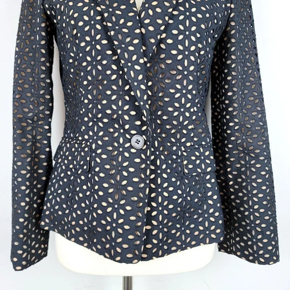 Michael Kors Made In Italy Black Caramel Cotton Silk Embroidered Cutout Blazer 6